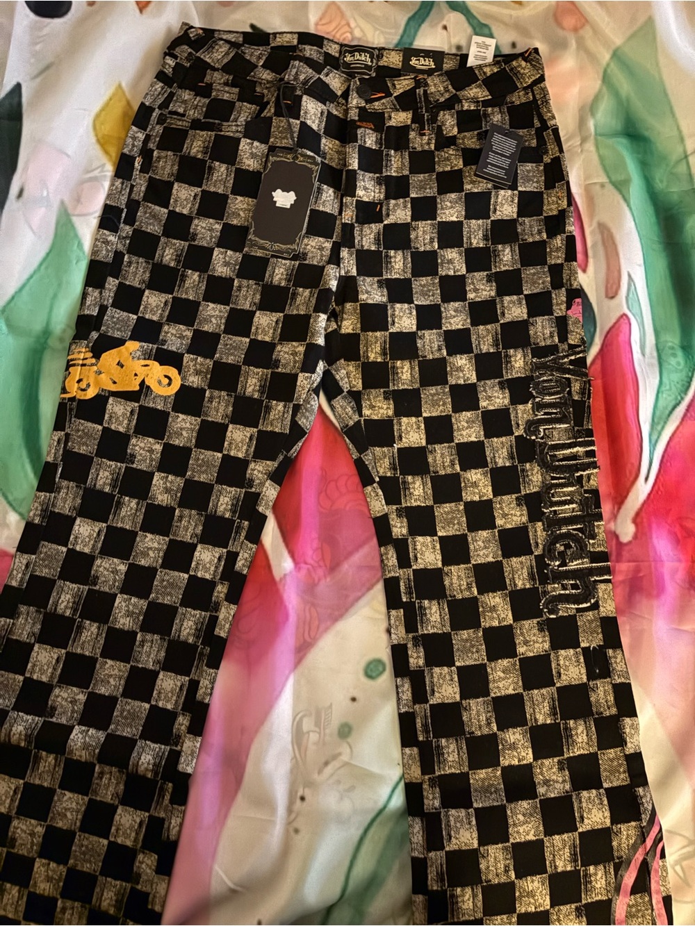 Von Dutch Black and White Checkerboard Women’s Jeans with Yellow Accent